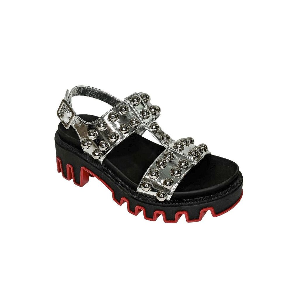 Christian Louboutin Duniclou Studded Lug Sole Sandals Silver Black EU 37.5